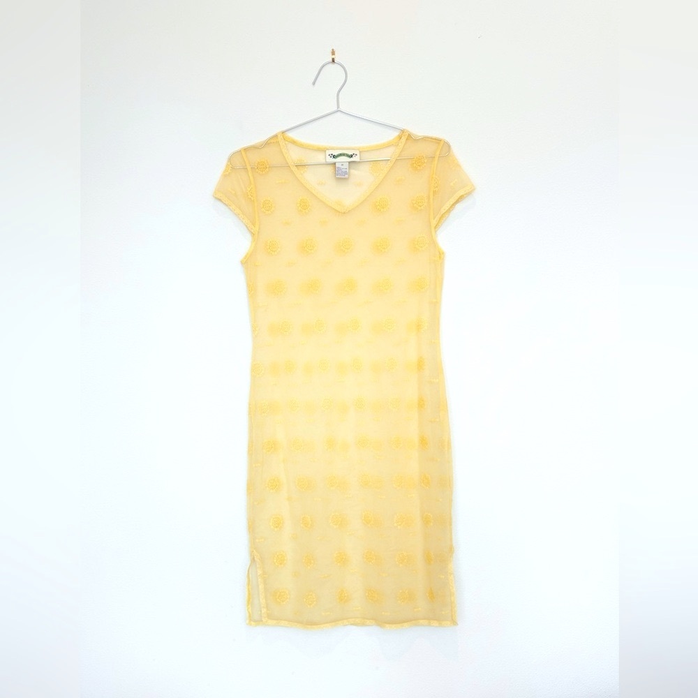 shanghai tang mesh mini qipao - yellow sheer dress shou symbols - S euc
